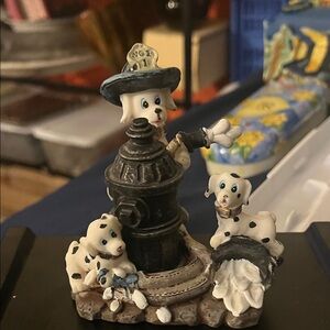 Ceramic Dalmatian Fire Hydrant Figurine - Fire Dog and pups in training